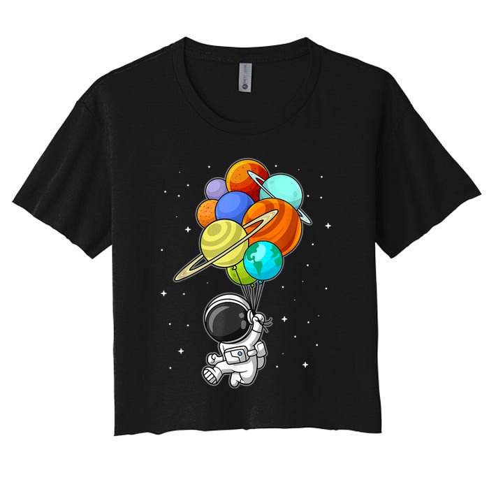 Funny Astronaut Holding Planet Balloons Space Toddler Women's Crop Top Tee