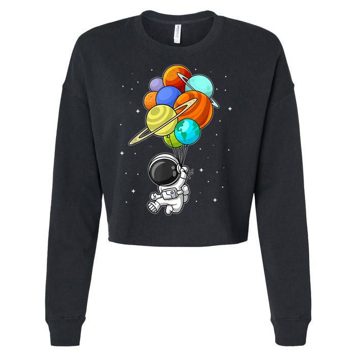 Funny Astronaut Holding Planet Balloons Space Toddler Cropped Pullover Crew