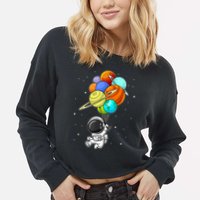 Funny Astronaut Holding Planet Balloons Space Toddler Cropped Pullover Crew