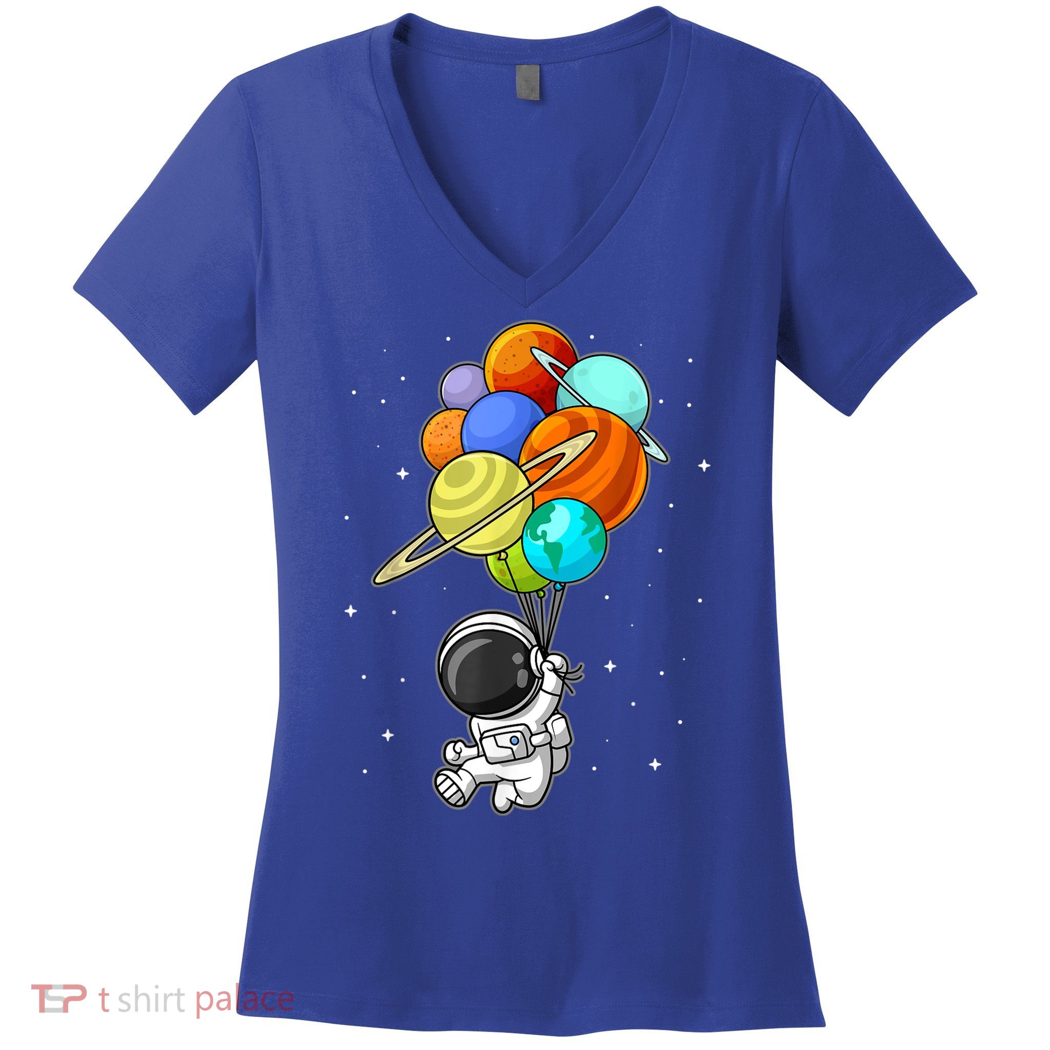 Funny Astronaut Holding Planet Balloons Space Toddler Women's V-Neck T-Shirt