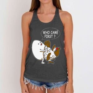 Funny Adult Humor Jokes Who Came First Chicken Or Egg Women's Knotted Racerback Tank