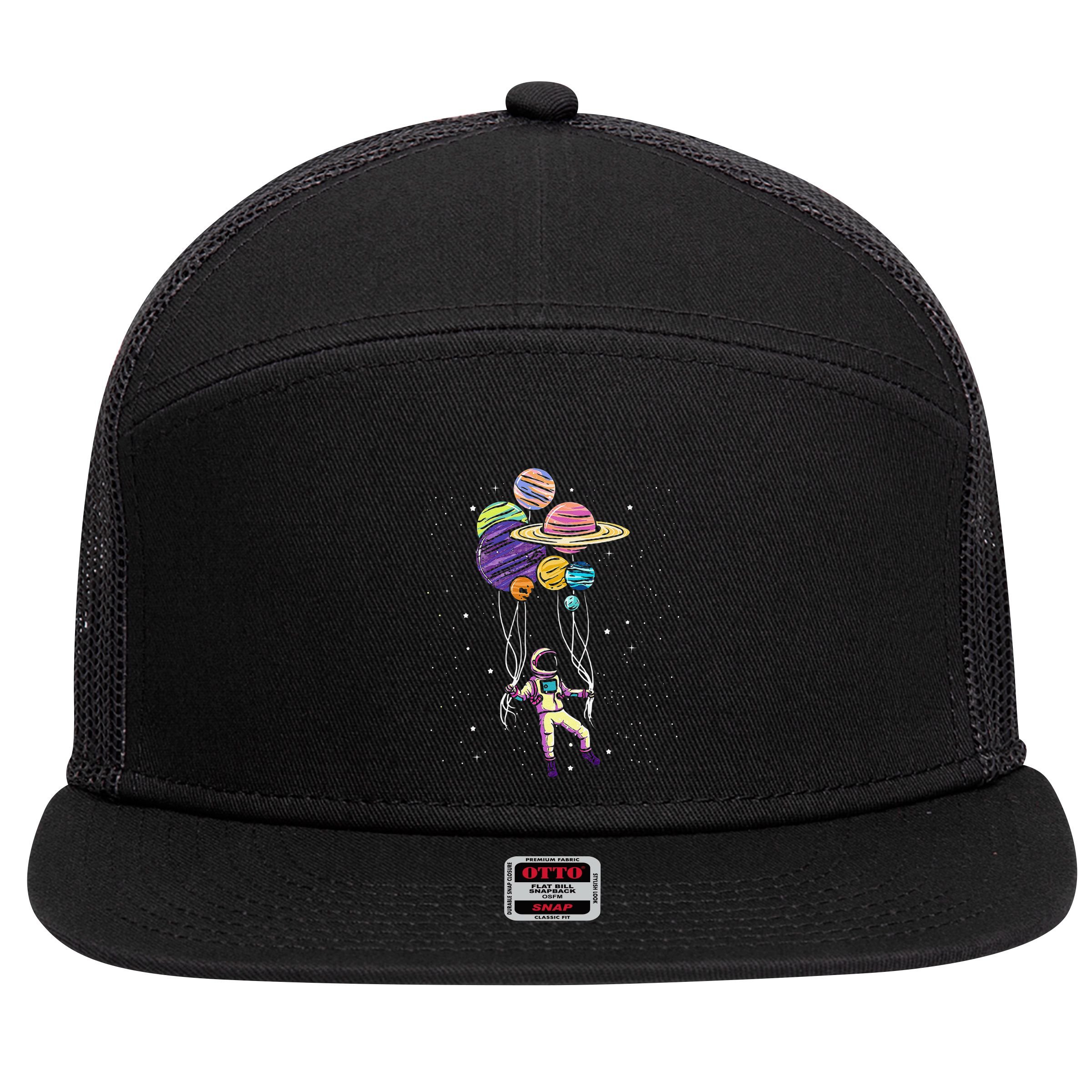 Funny Astronaut Holding Planet Balloons Stem 7 Panel Mesh Trucker Snapback Hat