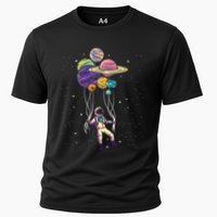 Funny Astronaut Holding Planet Balloons Stem Cooling Performance Crew T-Shirt