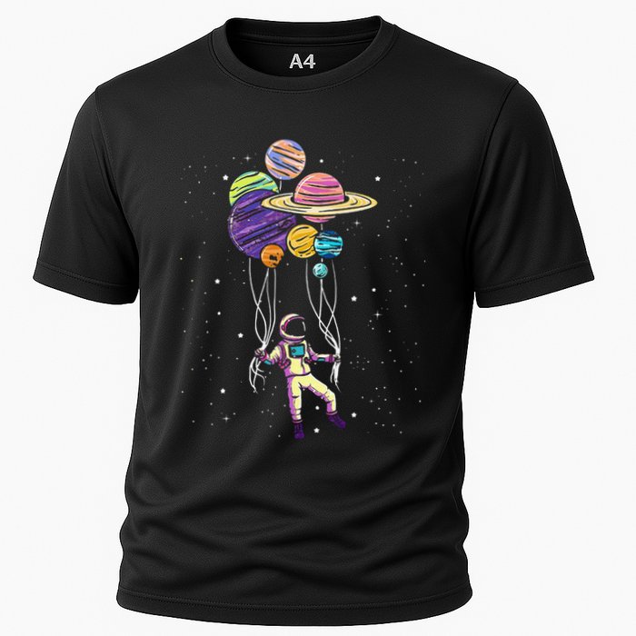 Funny Astronaut Holding Planet Balloons Stem Cooling Performance Crew T-Shirt