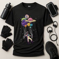Funny Astronaut Holding Planet Balloons Stem Cooling Performance Crew T-Shirt