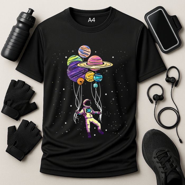 Funny Astronaut Holding Planet Balloons Stem Cooling Performance Crew T-Shirt