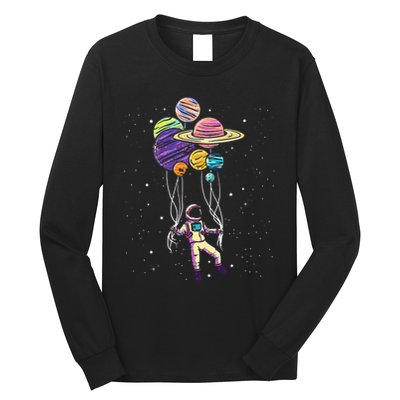 Funny Astronaut Holding Planet Balloons Stem Long Sleeve Shirt