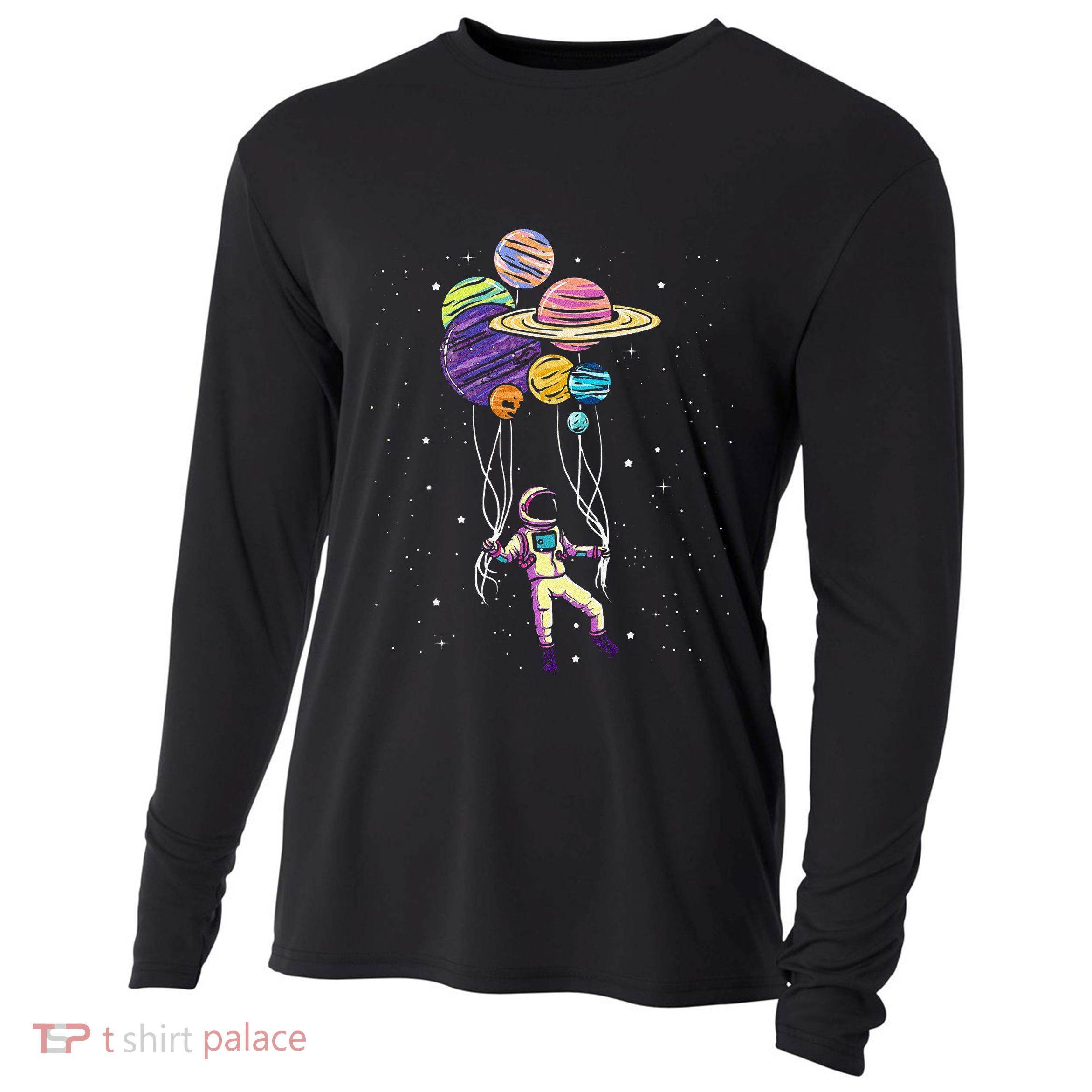 Funny Astronaut Holding Planet Balloons Stem Cooling Performance Long Sleeve Crew