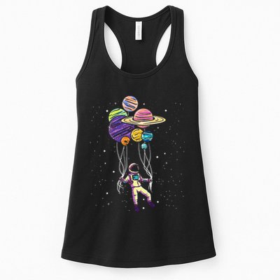 Funny Astronaut Holding Planet Balloons Stem Womens Tank Top