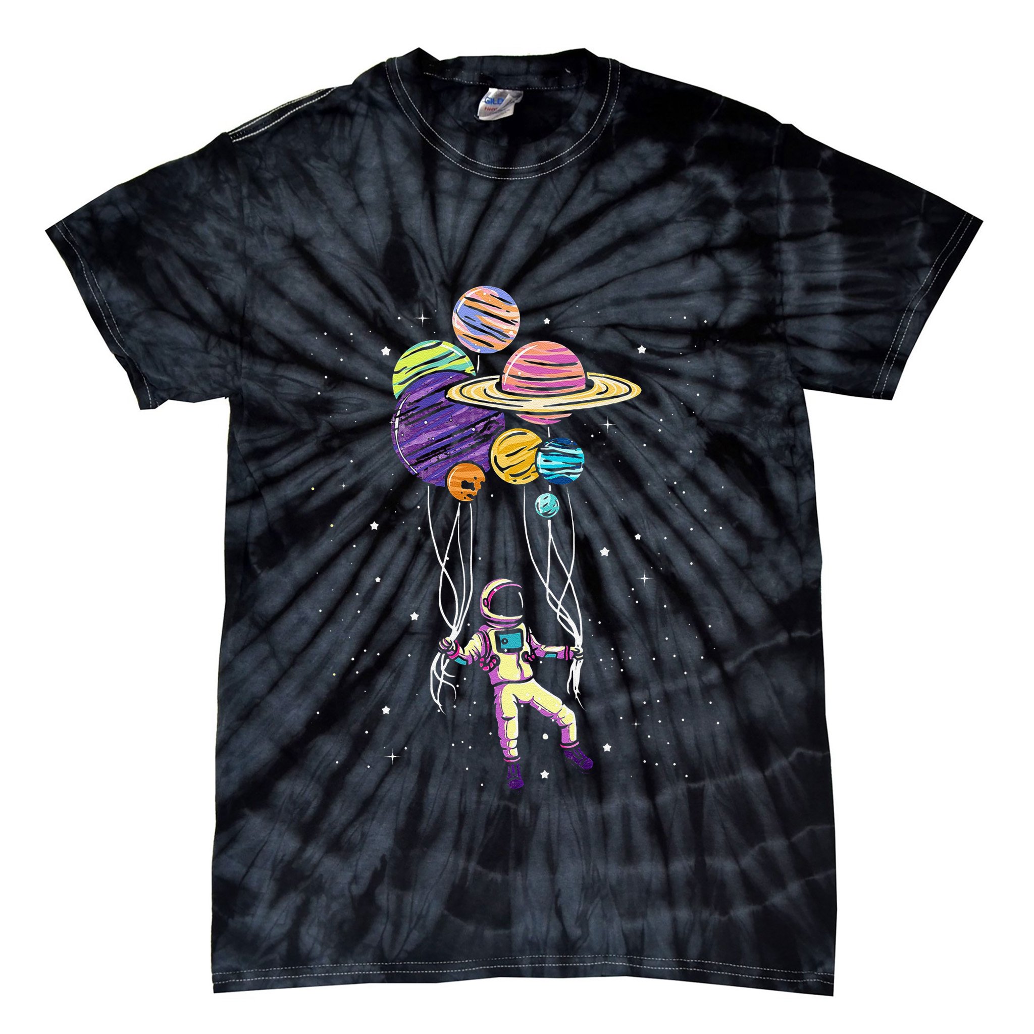 Funny Astronaut Holding Planet Balloons Stem Tie-Dye T-Shirt