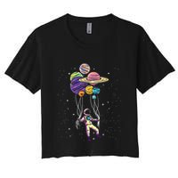 Funny Astronaut Holding Planet Balloons Stem Women's Crop Top Tee
