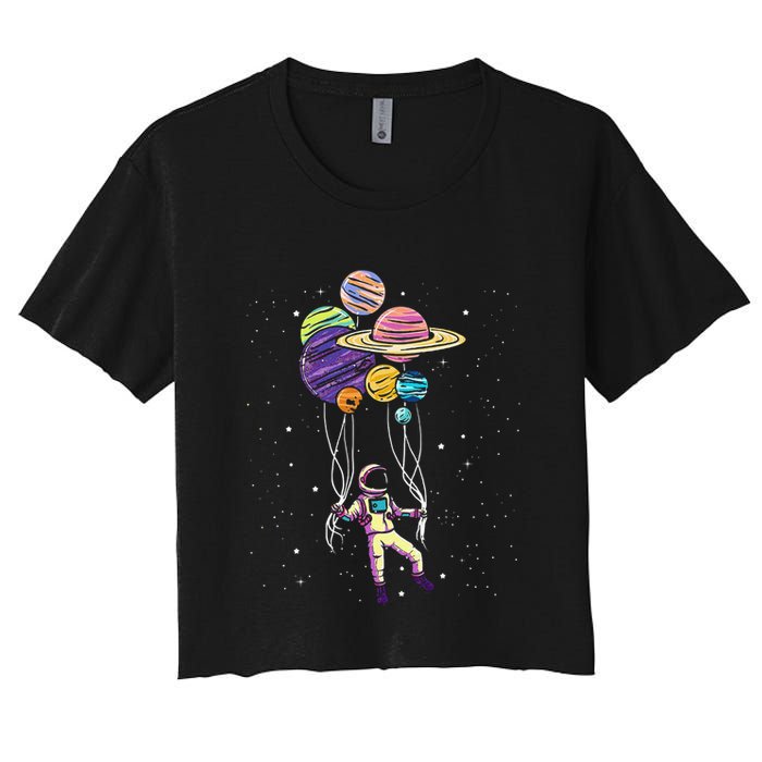 Funny Astronaut Holding Planet Balloons Stem Women's Crop Top Tee
