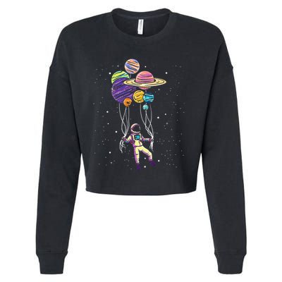 Funny Astronaut Holding Planet Balloons Stem Cropped Pullover Crew