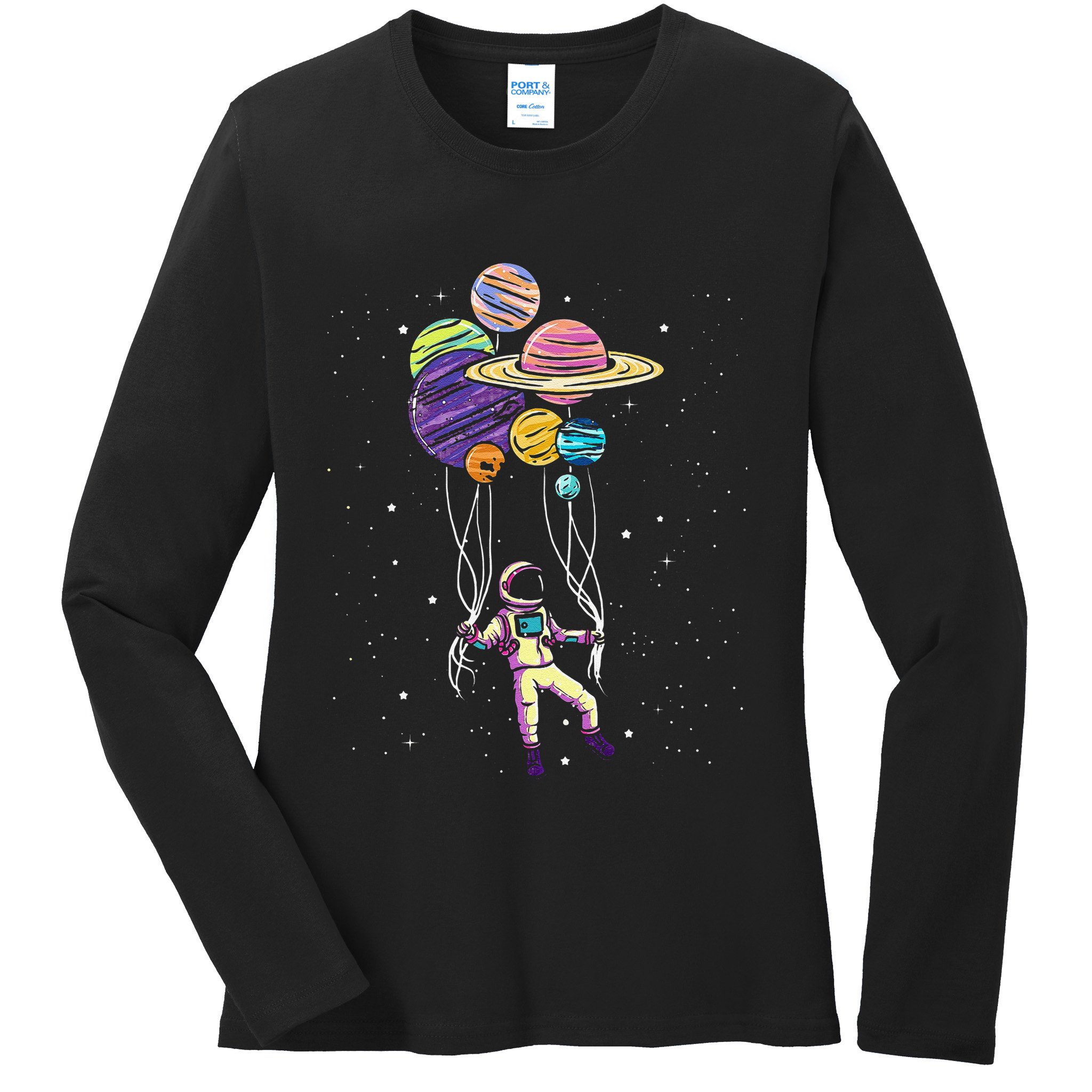 Funny Astronaut Holding Planet Balloons Stem Ladies Long Sleeve Shirt