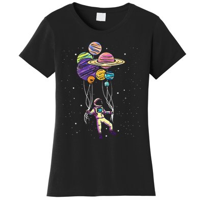 Funny Astronaut Holding Planet Balloons Stem Women's T-Shirt