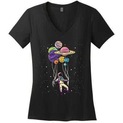 Funny Astronaut Holding Planet Balloons Stem Women's V-Neck T-Shirt