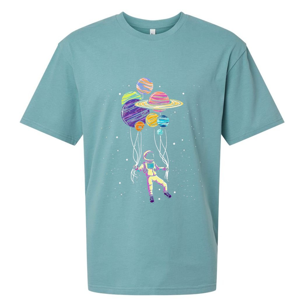 Funny Astronaut Holding Planet Balloons Stem Sueded Cloud Jersey T-Shirt