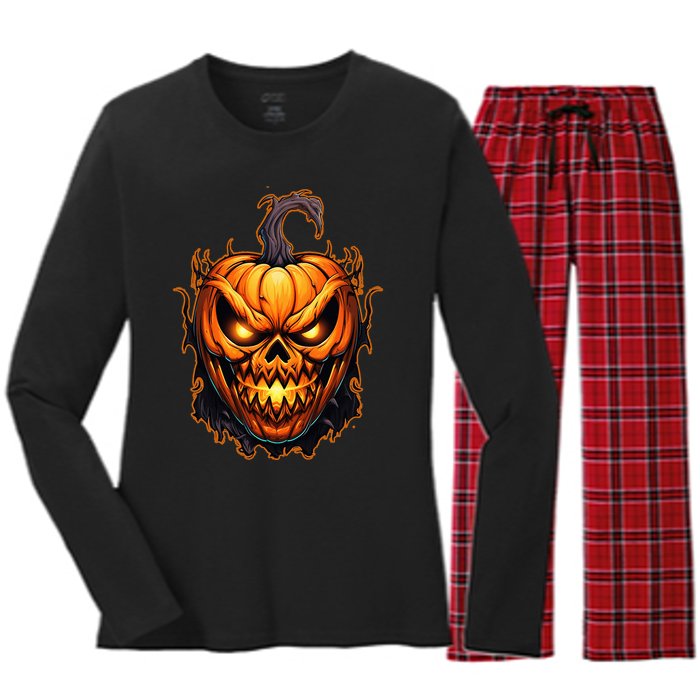Fall Autumn Halloween Scary Pumpkin Lazy Costume Women's Long Sleeve Flannel Pajama Set 