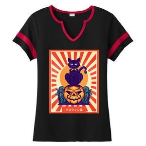 Funny Anime Halloween Cat Lover Otaku Retro Japanese Style Ladies Halftime Notch Neck Tee