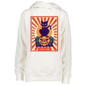 Funny Anime Halloween Cat Lover Otaku Retro Japanese Style Womens Funnel Neck Pullover Hood