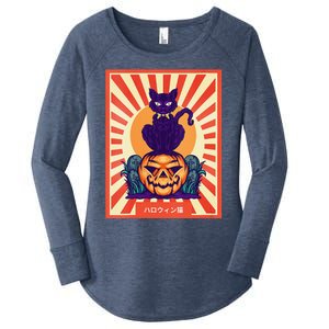 Funny Anime Halloween Cat Lover Otaku Retro Japanese Style Women's Perfect Tri Tunic Long Sleeve Shirt