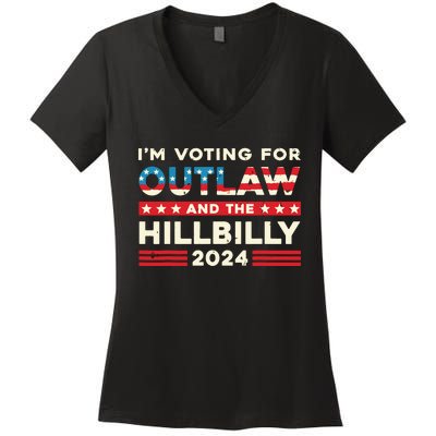 Felon And Hillbilly 24 Pro Trump 2024 Flag Funny Political Women's V-Neck T-Shirt