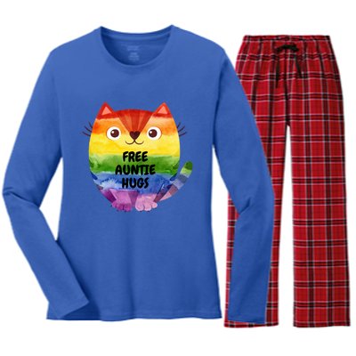 Free Auntie Hugs Pride Lgbtq Flag Cat Gift Women's Long Sleeve Flannel Pajama Set 