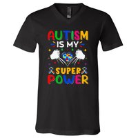 Funny Autism Is My Super Power Heart Puzzle V-Neck T-Shirt