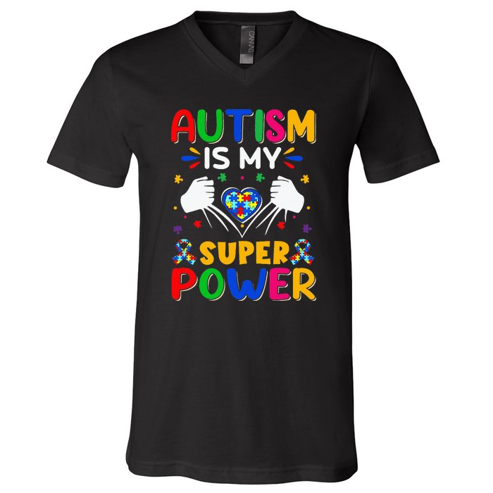 Funny Autism Is My Super Power Heart Puzzle V-Neck T-Shirt