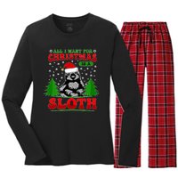 Funny All I Want For Christmas Is A Sloth Women's Long Sleeve Flannel Pajama Set 