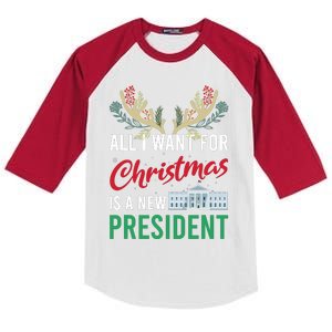 Funny All I Want For Christmas Is A New President Ugly Xmas Kids Colorblock Raglan Jersey