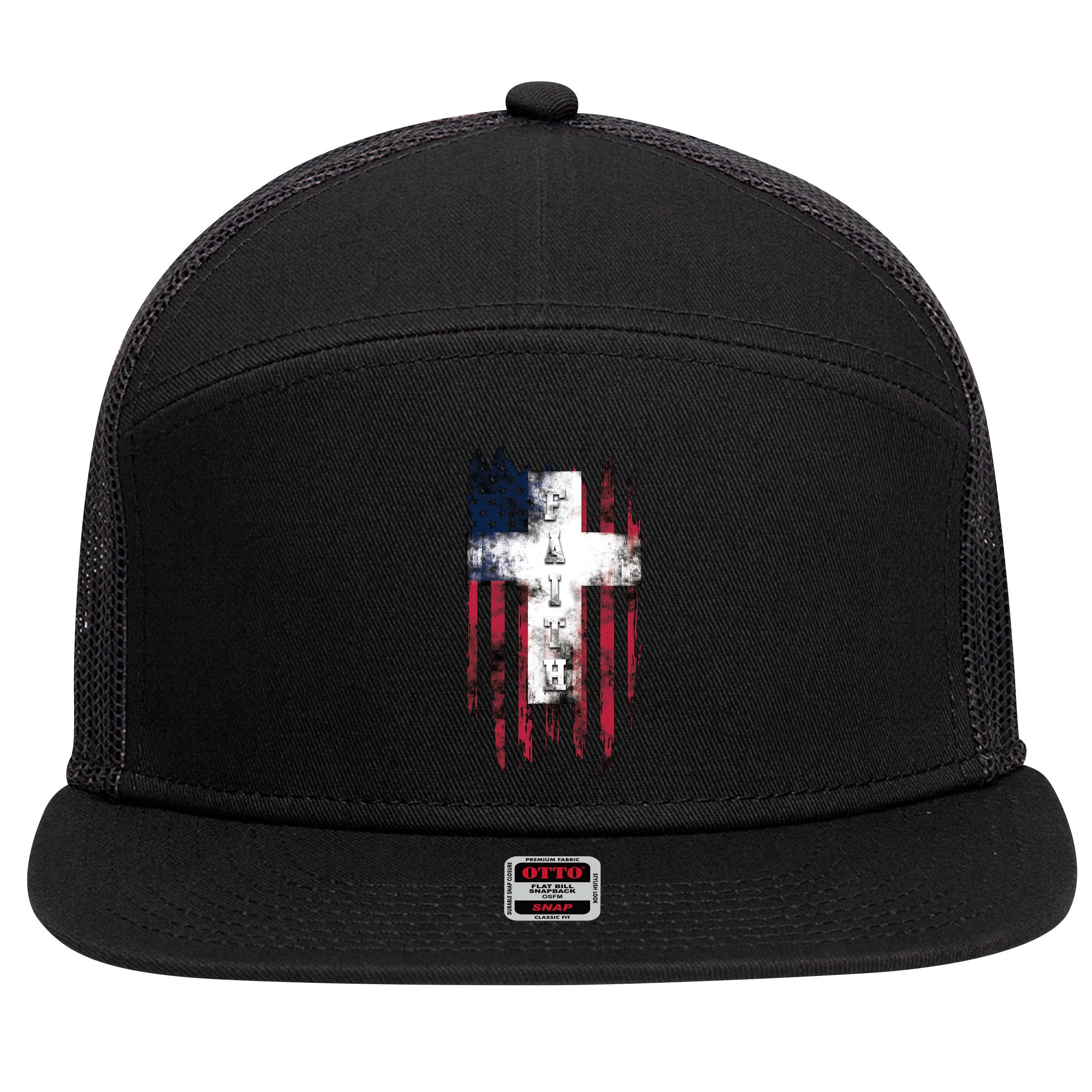 Faith American Flag Cross 7 Panel Mesh Trucker Snapback Hat
