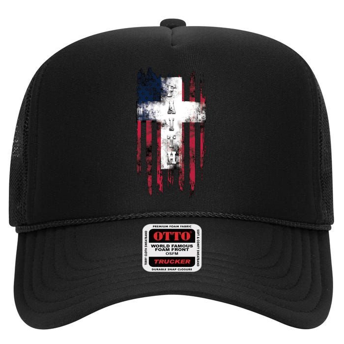 Faith American Flag Cross High Crown Mesh Back Trucker Hat