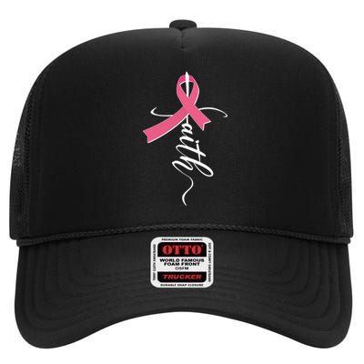 Faith Breast Cancer Awareness Ribbon High Crown Mesh Back Trucker Hat