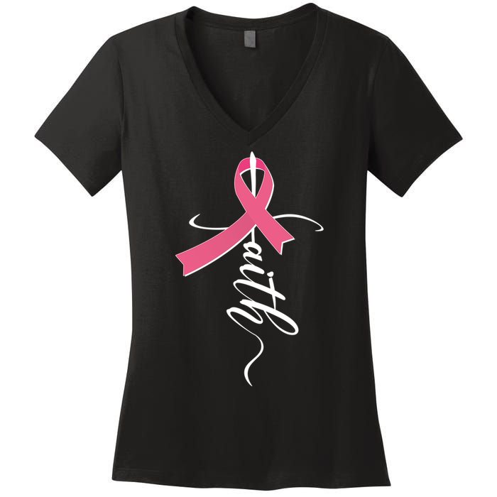 Faith Breast Cancer Awareness Ribbon Women's V-Neck T-Shirt