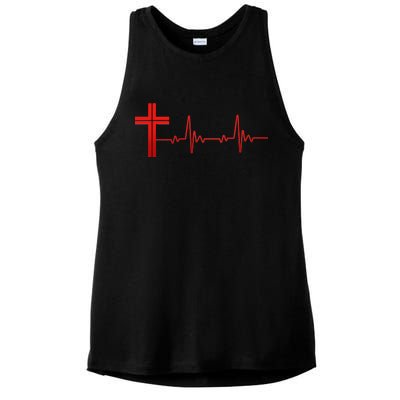 Faith Cross Heartbeat Pulse Ladies PosiCharge Tri-Blend Wicking Tank