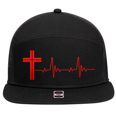 Faith Cross Heartbeat Pulse 7 Panel Mesh Trucker Snapback Hat