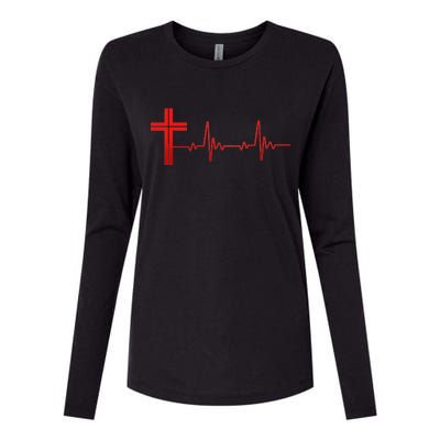 Faith Cross Heartbeat Pulse Womens Cotton Relaxed Long Sleeve T-Shirt