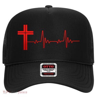 Faith Cross Heartbeat Pulse High Crown Mesh Back Trucker Hat