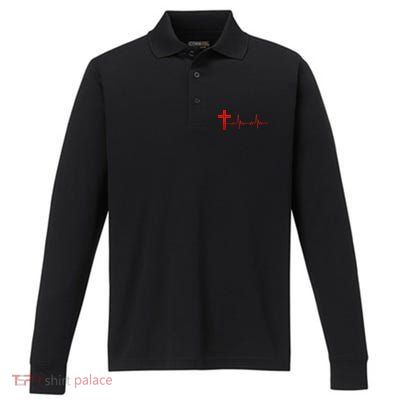 Faith Cross Heartbeat Pulse Performance Long Sleeve Polo