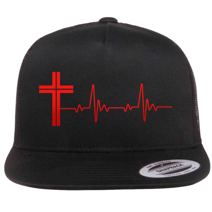 Faith Cross Heartbeat Pulse Flat Bill Trucker Hat