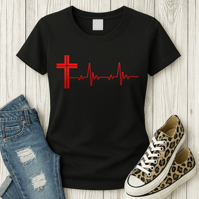 Faith Cross Heartbeat Pulse Womens T-Shirt