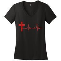 Faith Cross Heartbeat Pulse Women's V-Neck T-Shirt