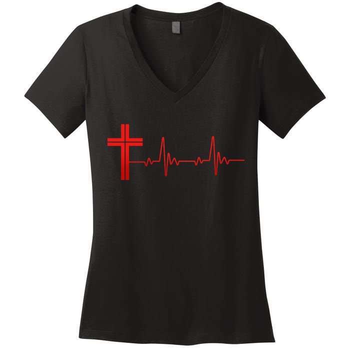 Faith Cross Heartbeat Pulse Women's V-Neck T-Shirt