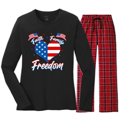 Faith Family Freedom USA American Flag Heart Women's Long Sleeve Flannel Pajama Set 