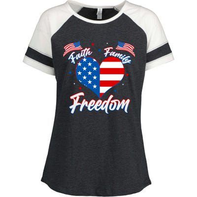 Faith Family Freedom USA American Flag Heart Enza Ladies Jersey Colorblock Tee