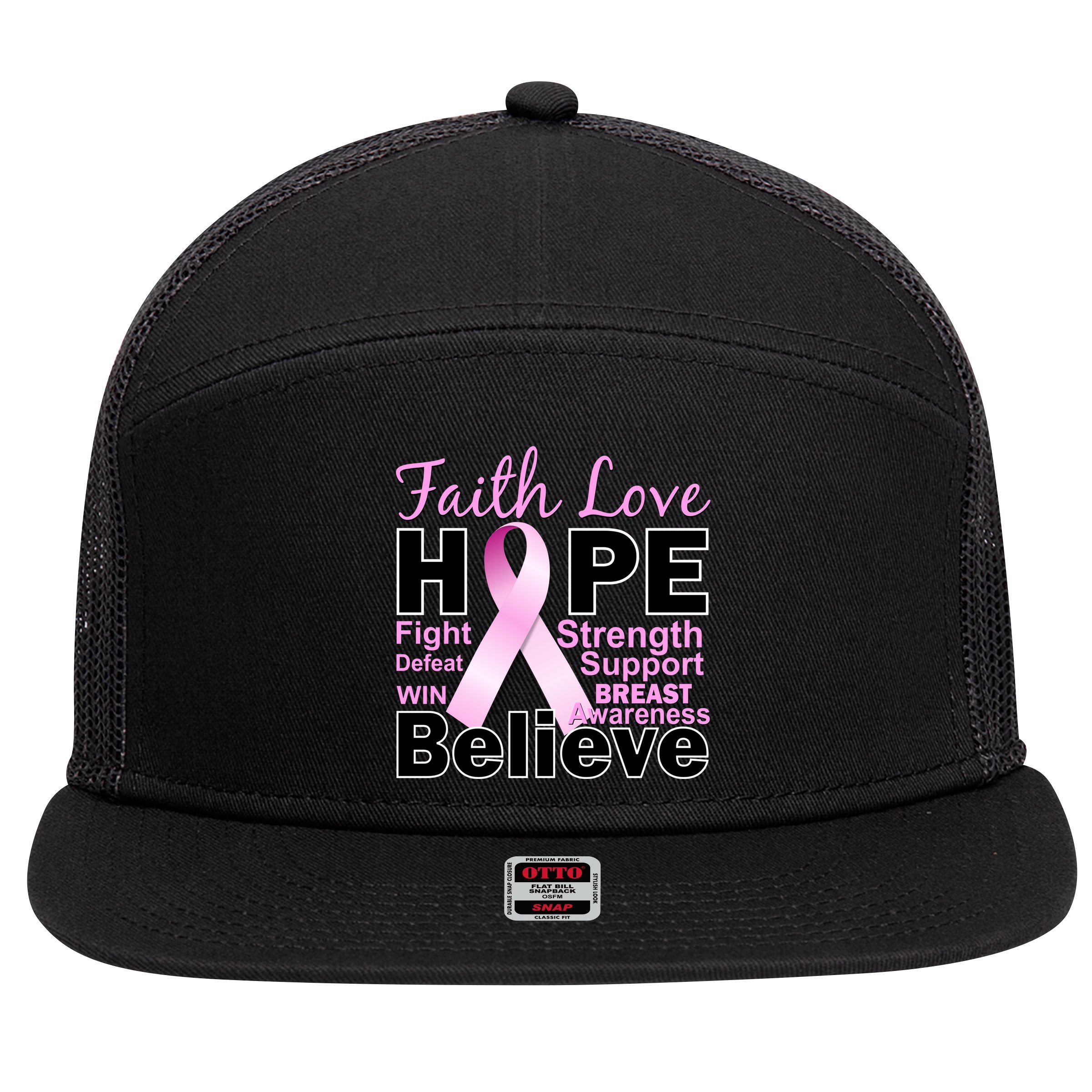 Faith Hope Breast Cancer Awareness 7 Panel Mesh Trucker Snapback Hat