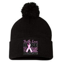 Faith Hope Breast Cancer Awareness Pom Pom 12in Knit Beanie