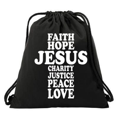 Faith Hope Jesus Charity Peace Love Word Cross Drawstring Bag