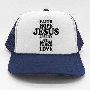 Faith Hope Jesus Charity Peace Love Word Cross Trucker Hat